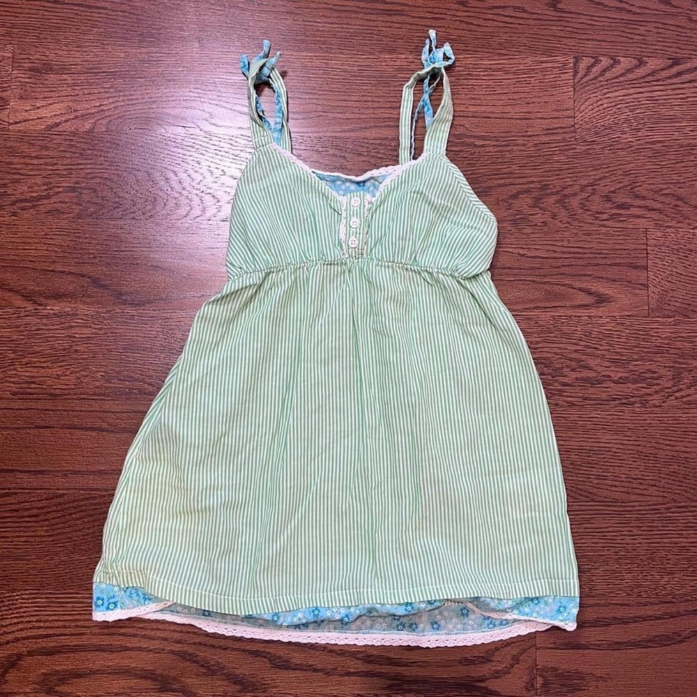 🍟y2k KIDS girls green & white‎ pinstripe layered babydoll tank size 6